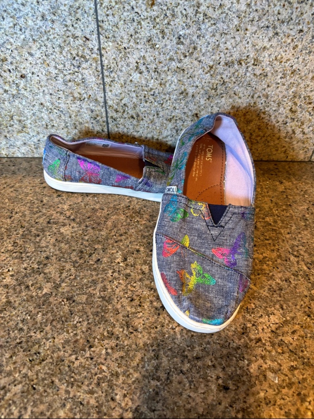 TOMS Gray Slip-On Shoes with Multicolor Butterfly Accents